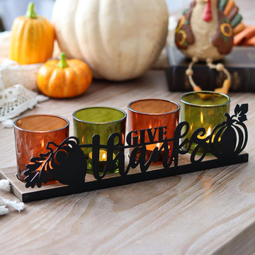Thanksgiving Centerpieces Glass Tealight Votive Candle Holder Include 1 Candle Tray & 4 Candle Holders Fall - Set of 5