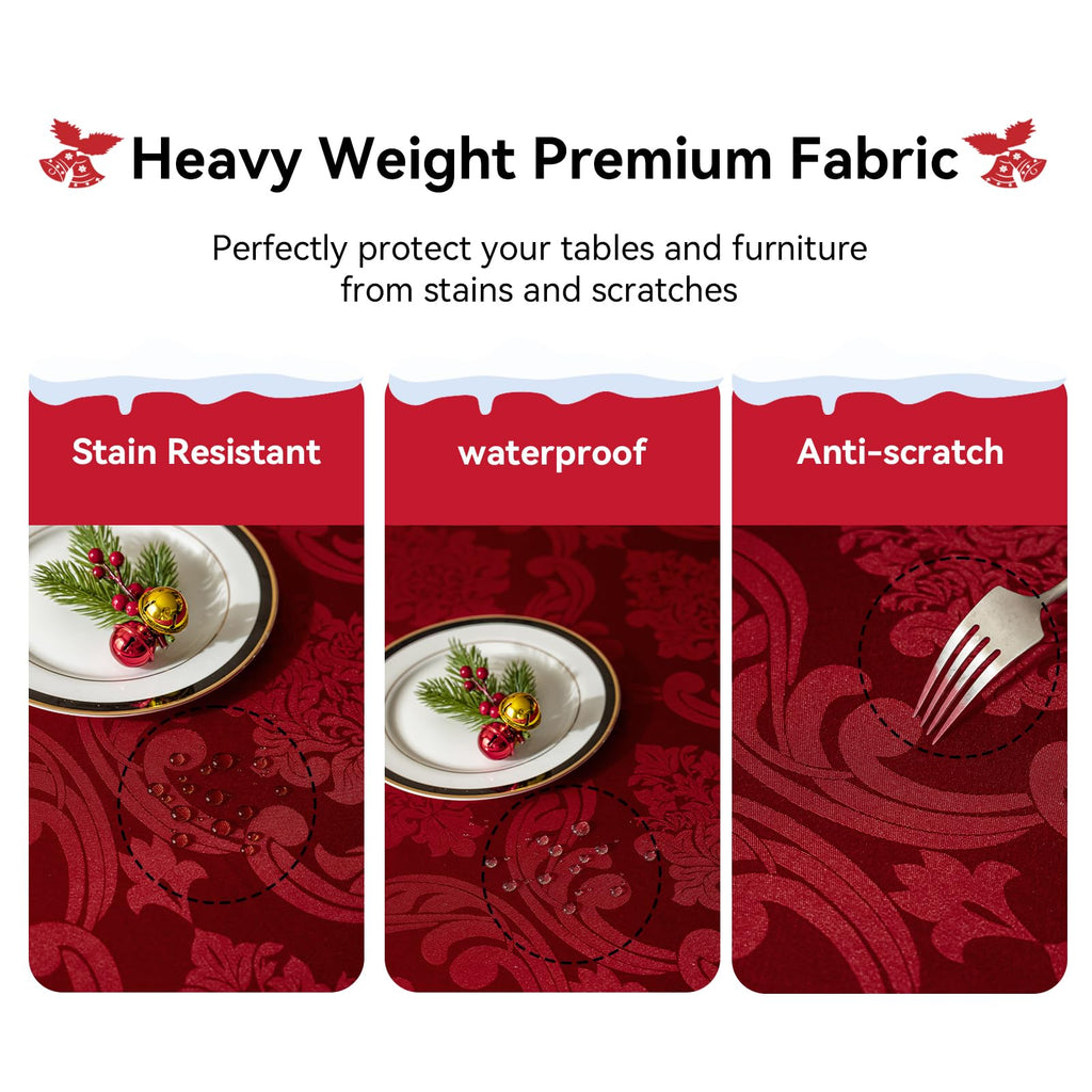 Christmas Jacquard Rectangle Tablecloth with Red Flower - Waterproof Damask Vintage Floral Table Cloth, Xmas