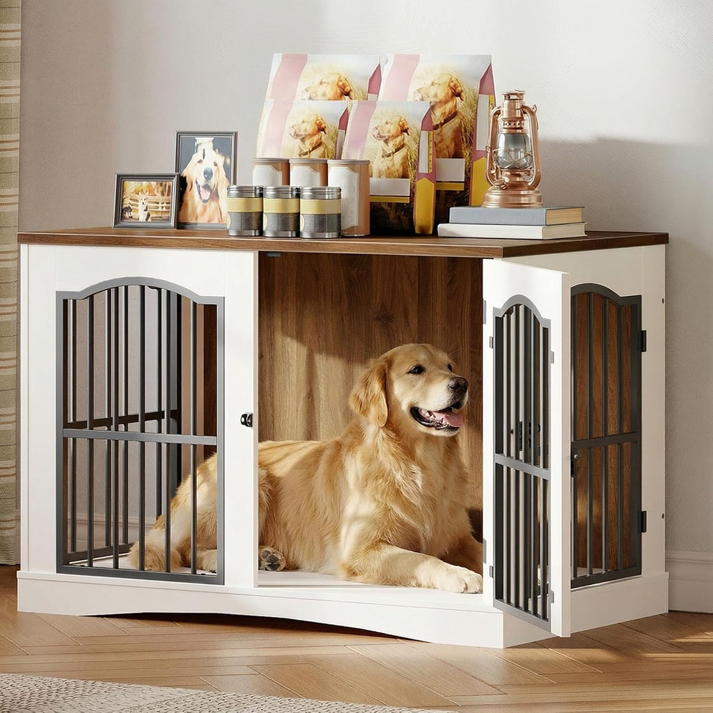 39.4" Wooden Dog Crate Furniture, Heavy Duty Dog Kennel Indoor with 3 Doors, Dog Cage for Medium/Large Dogs