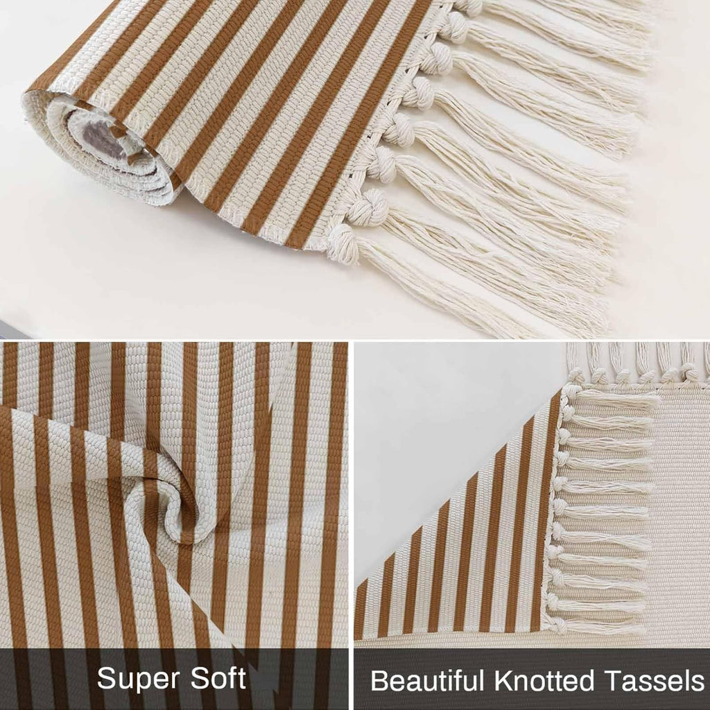 Minimalist Chestnut Brown Striped Runner Rug with Tassel Modern Art Vertical Line Print Entryway Rugs Washable