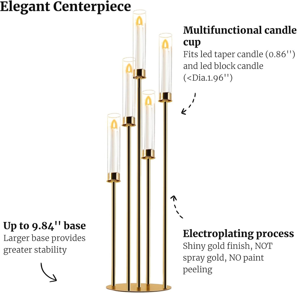 Candelabra Gold Centerpiece 5 Arms Taper Candle Holder Gold Centerpiece with Acrylic Tubes for Table Decoration