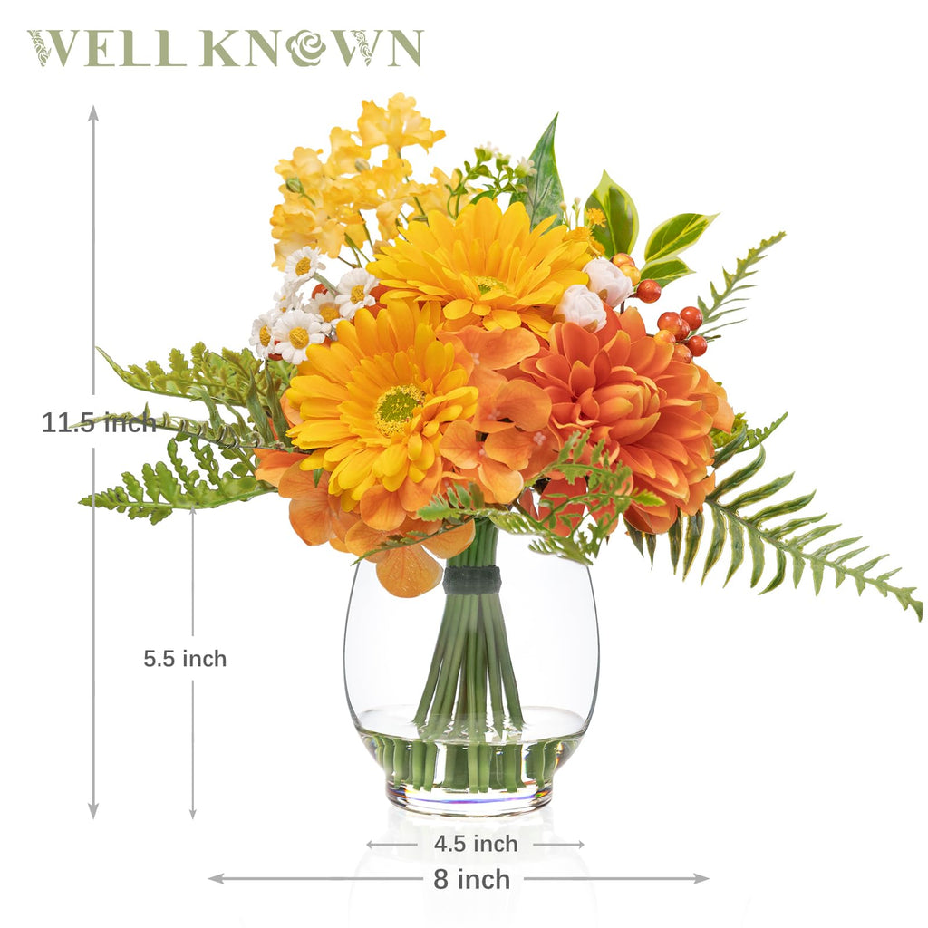 Artificial Flowers in Vase with Fake Water, Faux Silk Orange Yellow Flower
