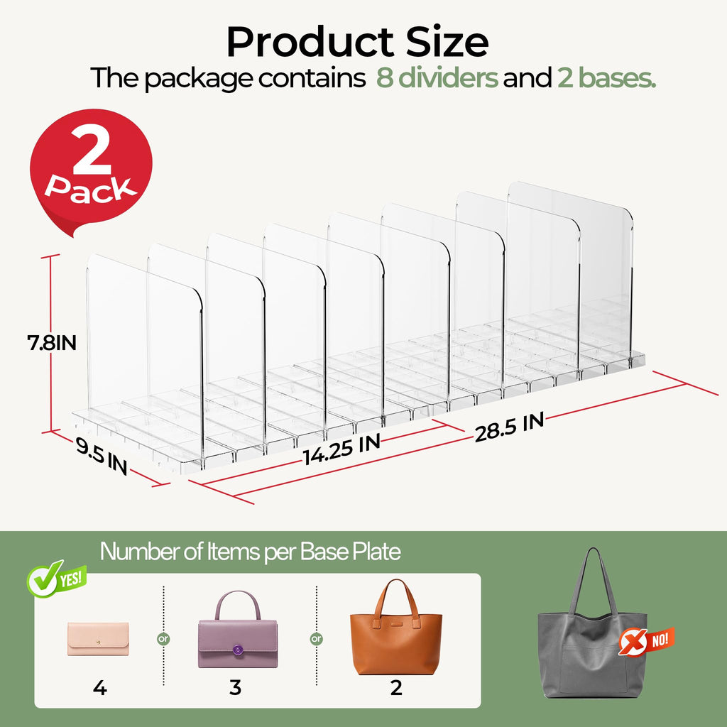 Purse Organizer for Closet, Holds 16 Bags, Clear Acrylic Adjustable Shelf Dividers, Stackable Handbag Storage, Keep