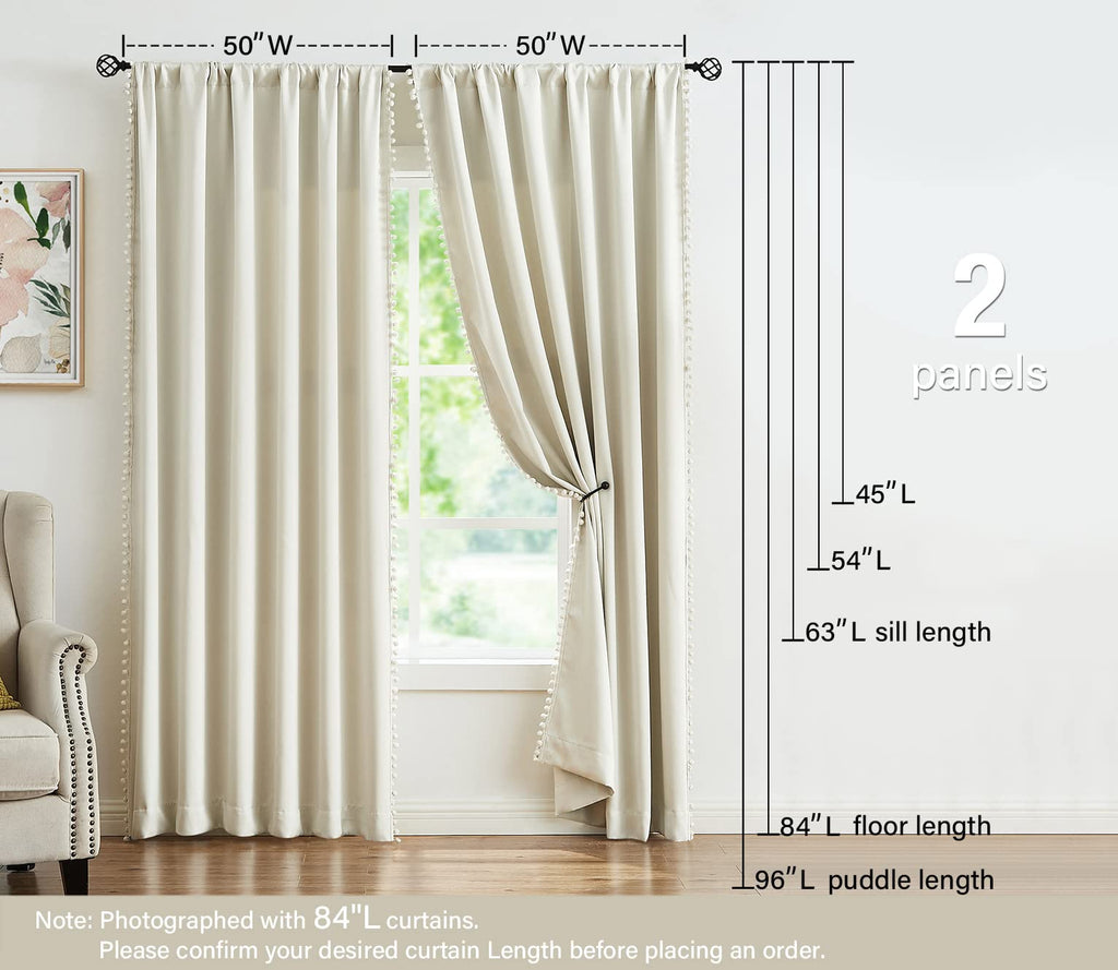 Pom Pom Blackout Curtains Ivory Curtains Room Darkening Curtain Drapes 54" Short Window Curtain Set Bedroom 2 Panels
