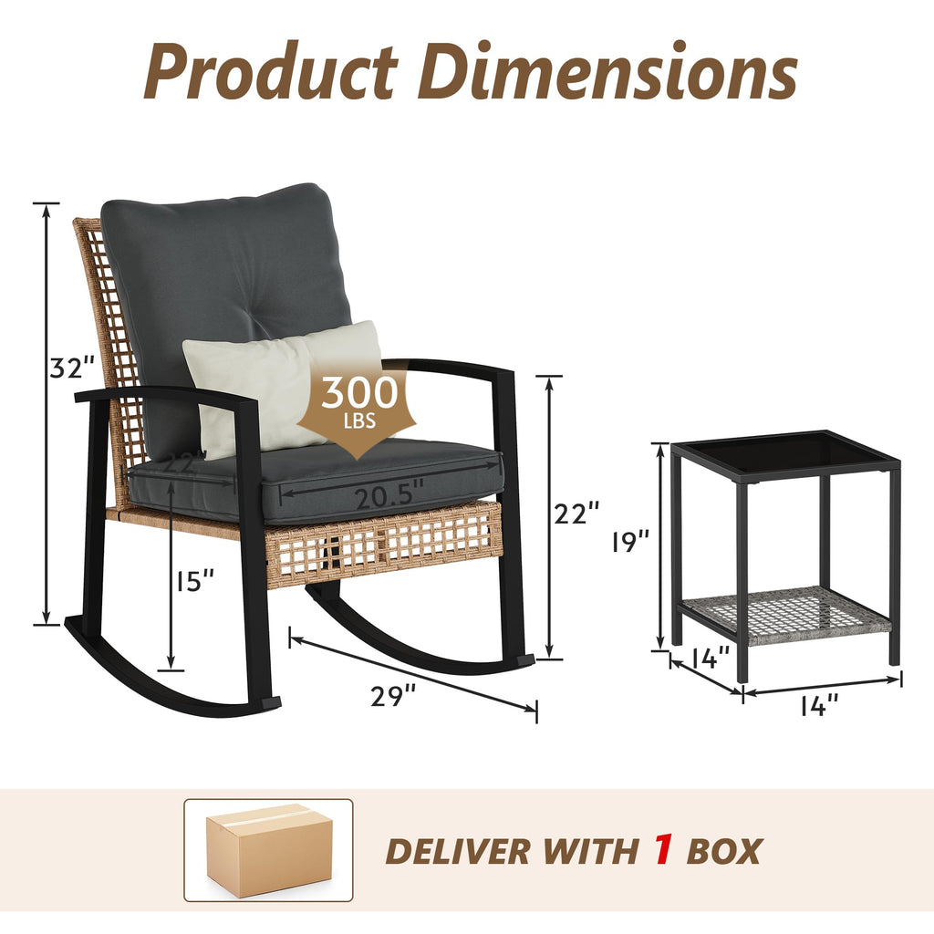 3 Piece Patio Rocking Chairs Set of 2, Outdoor Rocking Chair Bistro Set with Tempered Glass Coffee Table and Thick