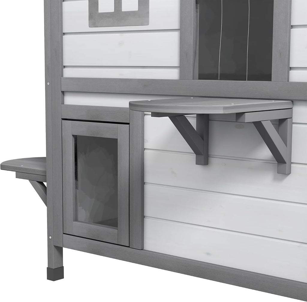 2-Story Cat House Outdoor, Weatherproof Wooden Cat Enclosure for Feral Cats with Escape Door, Openable Roof, Jumping