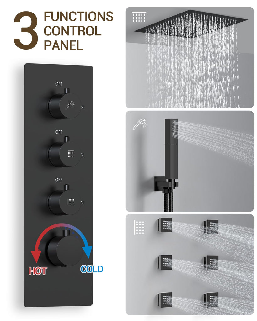 20" LED Ceiling Shower System with 6 Jets & Handheld, Matte Black