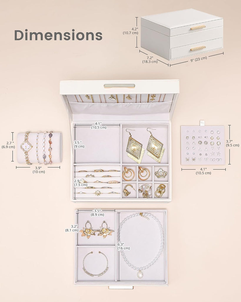 2-Layer Jewelry Box Organizer Holder for Women Girls Mom -Beige