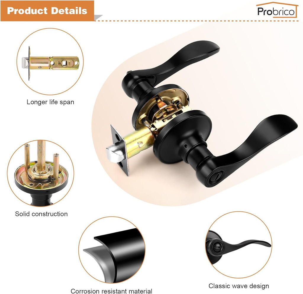 Matte Black Wave Style Bed/Bath Door Levers, Privacy Door Levers Interior Door Handles Bathroom