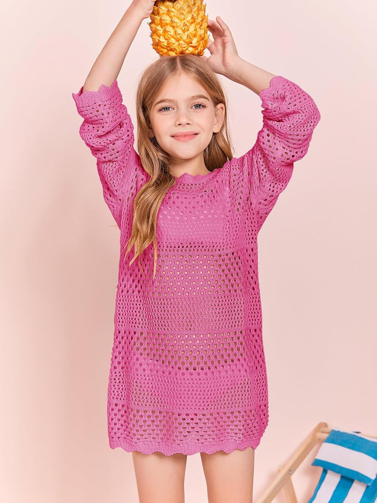 Girls Crochet Long Sleeve Swimsuit Cover Up Kids Fashion Hollow Out Swimwear Beach Dress