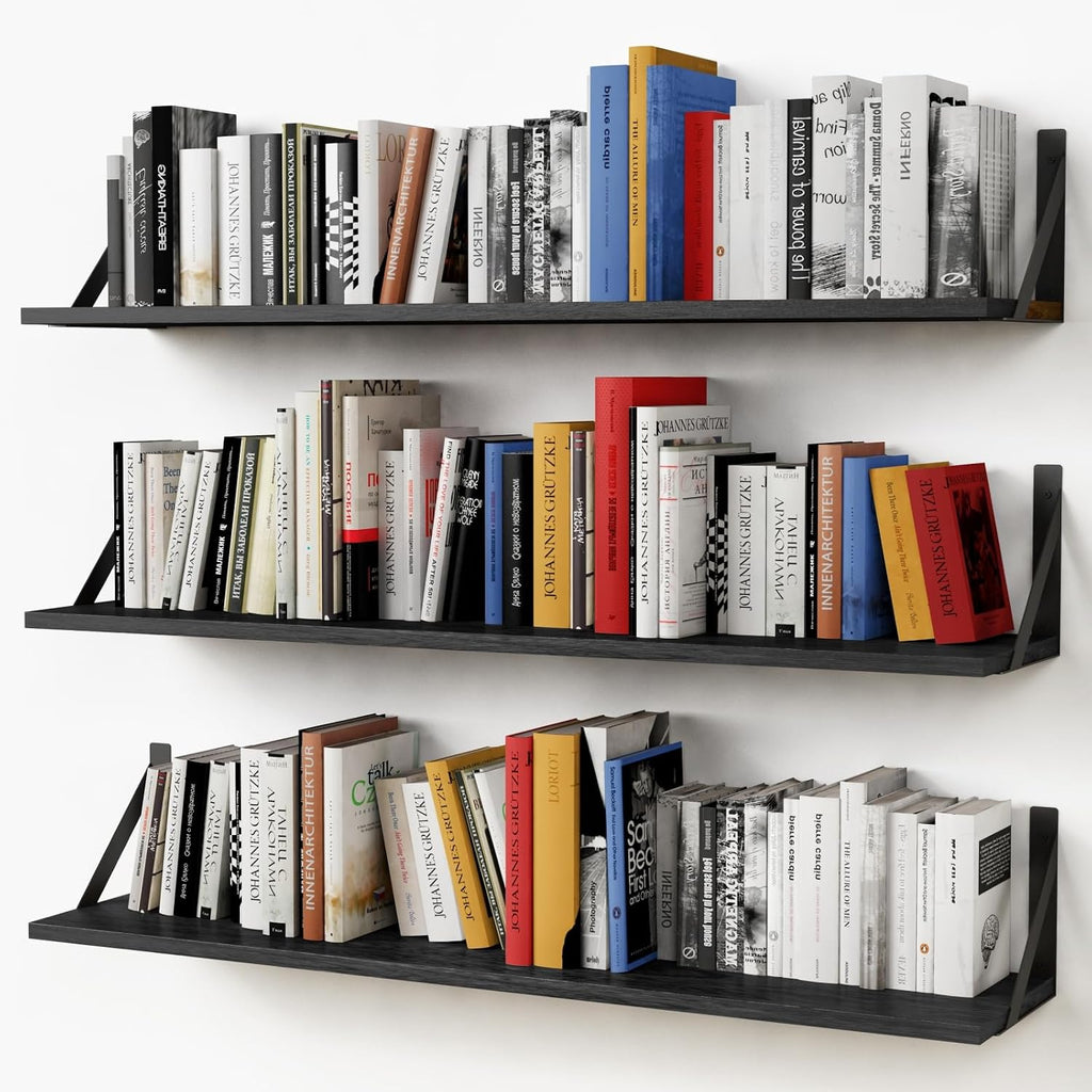 Floating Shelves 36 Inches Long 8 in Deep Set of 3, Large Wall Shelf Books, Heavy Duty Wide Wall Shelving Office