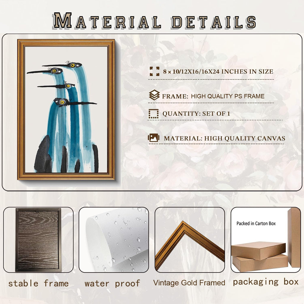 Gold Framed Wall Art Blue Heron Canvas Prints Watercolor Bird Pictures