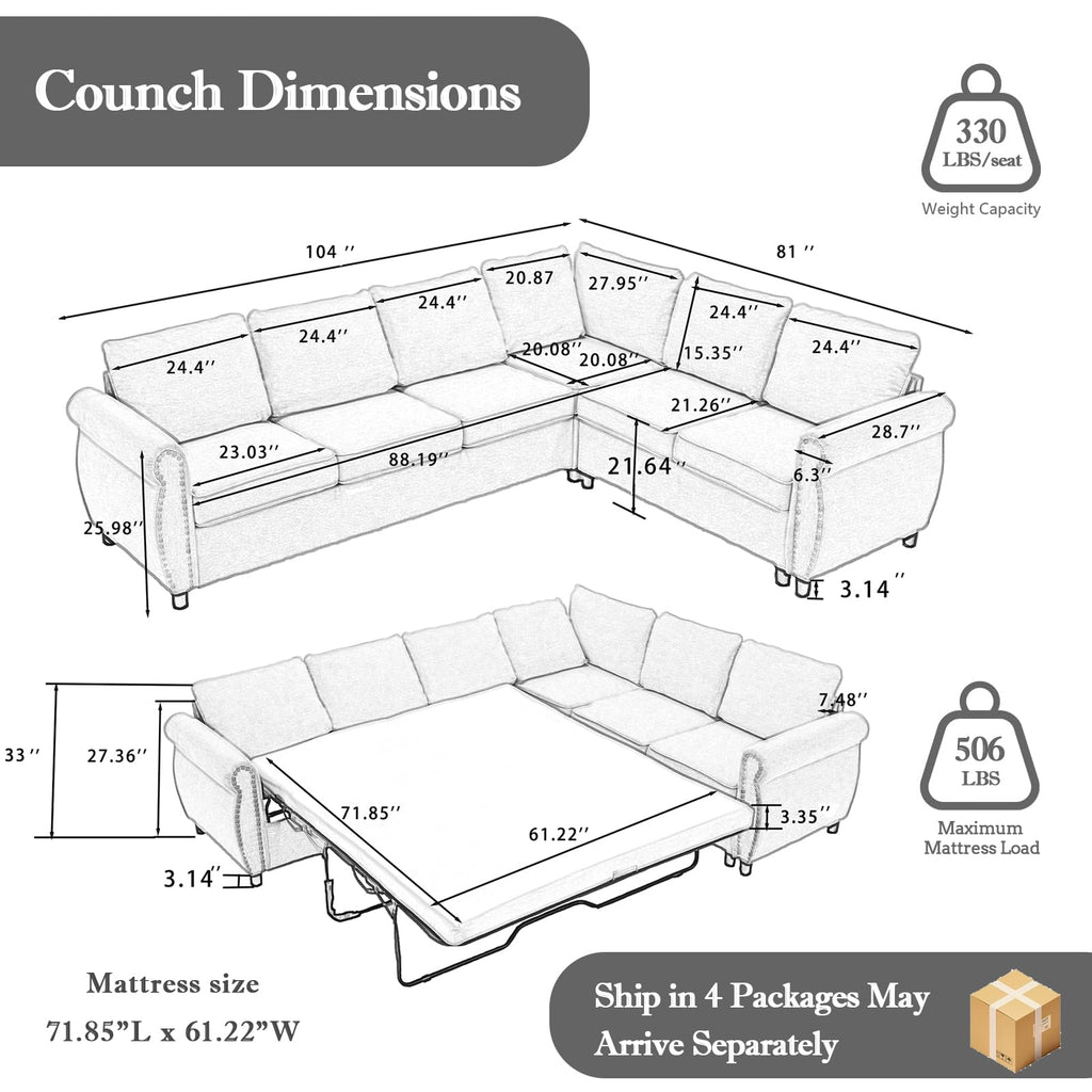 104" Sectional Sleeper Sofa Queen, L Shaped Couch with Pull Out Bed, Beige