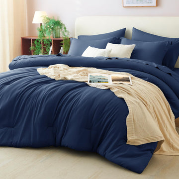 Oversized Comforter Set Navy, 7 Pieces Bed in a Bag