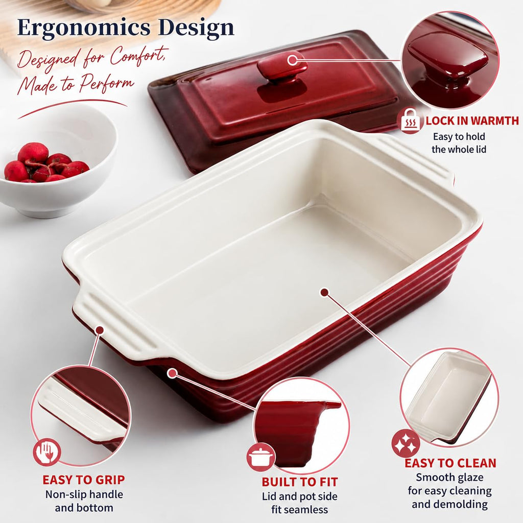 4.5 Quart Ceramic Casserole Dish with Lid - Oven, Microwave & Dishwasher Safe Bakeware for Family Meals, Lasagna