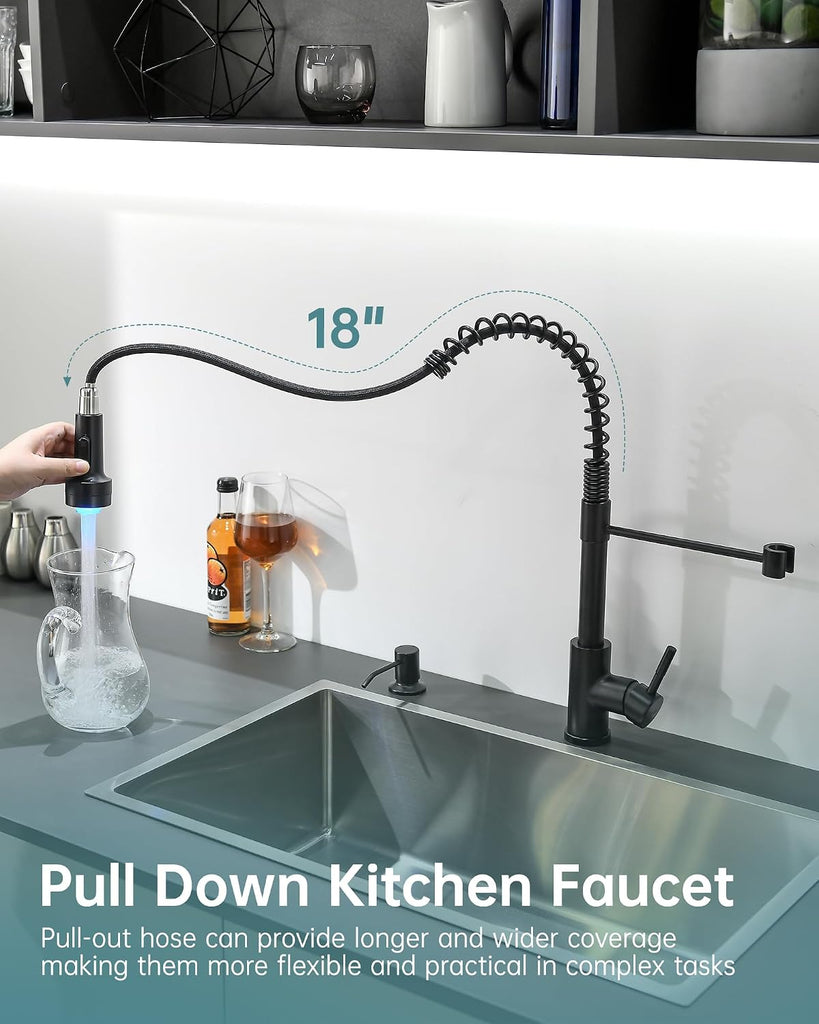 Matte Black LED Kitchen Faucet with Soap Dispenser Pull-Down Sprayer | Modern Single Handle Spring Kitchen Sink