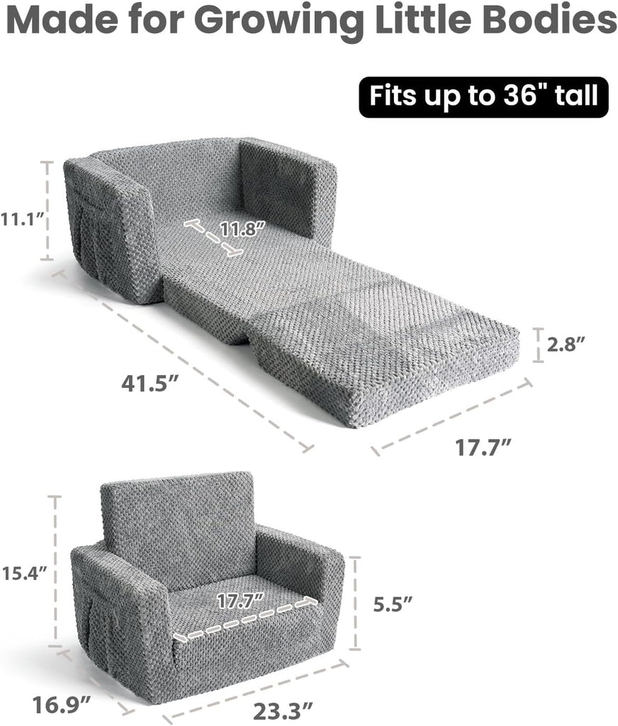 Sherpa Kids Couch, in-1 Fold-Out Comfy Chair for 3+ Years Old, Grey