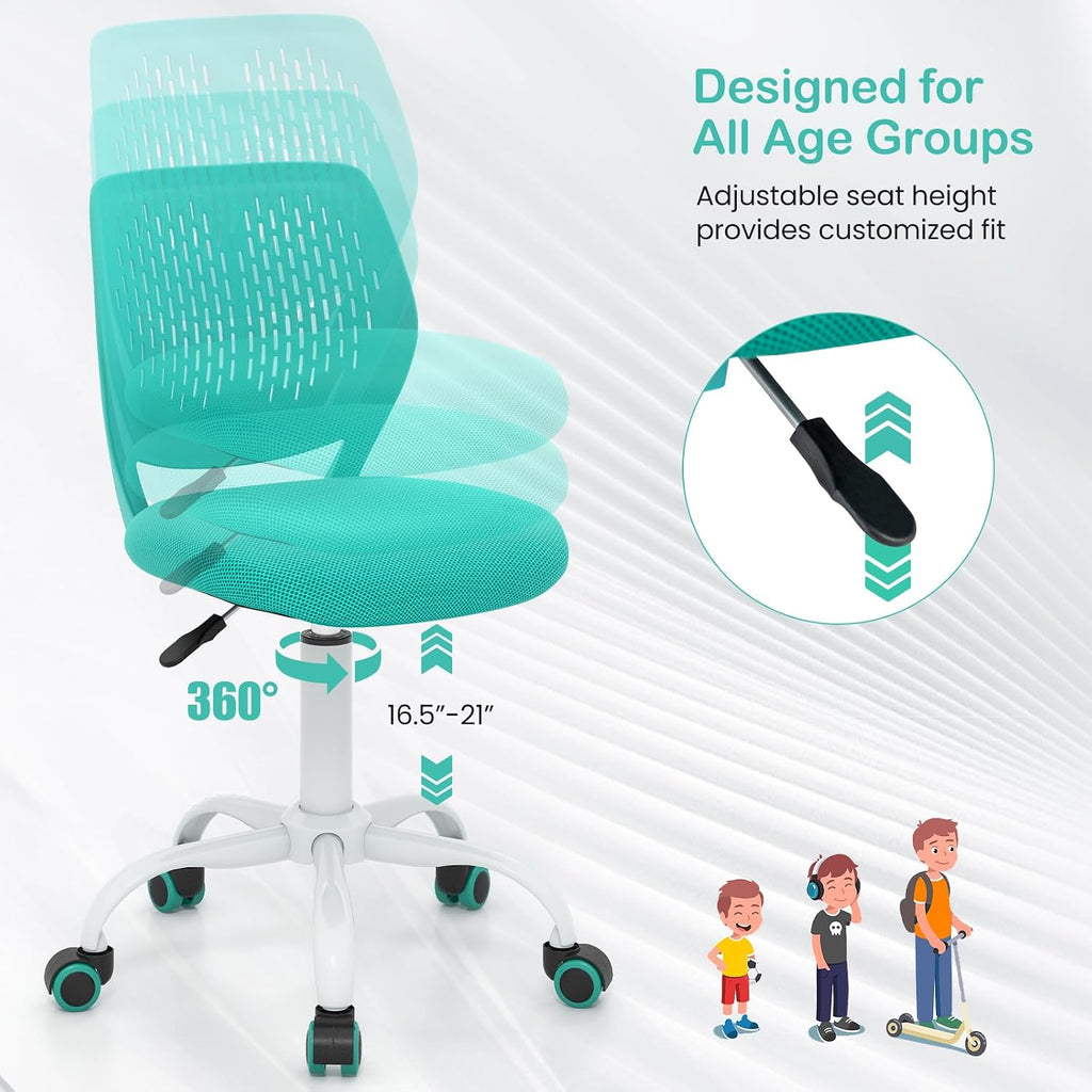 Kids Desk Chair, Armless Mesh Children Study Seat, Swivel Teen Desk Computer Chair with Adjustable Height & Lumbar