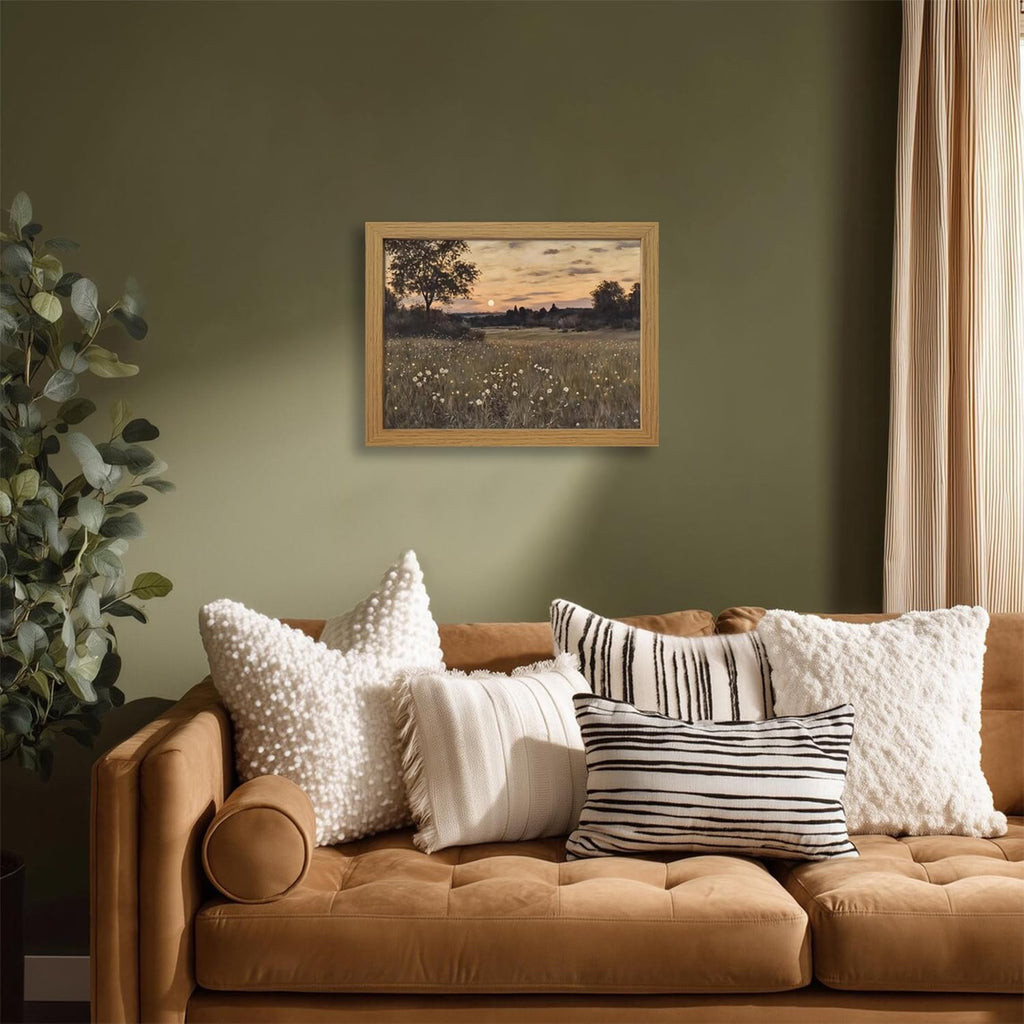 Vintage Framed Meadow Sunset Wall Art, Rustic Twilight Field Landscape Canvas Wall Decor Wildflowers Firefly Poster