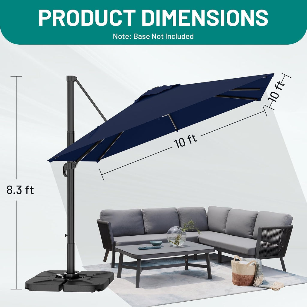 10 X 10FT Cantilever Patio Umbrella, 360-Degree Rotation Square Hanging Offset Umbrella with Crank
