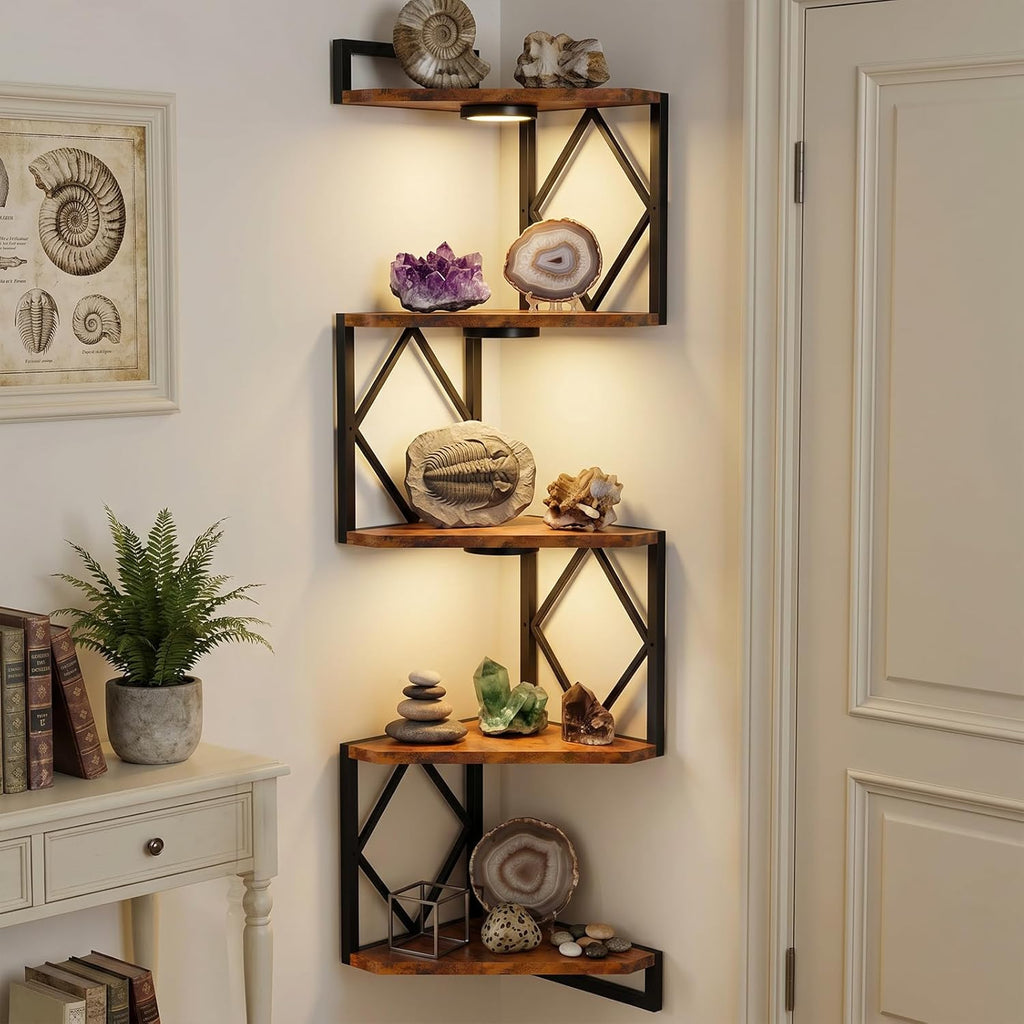 Corner Shelf Wall Mounted: 5-Tier Floating Shelves with Lights , Rustic Brown