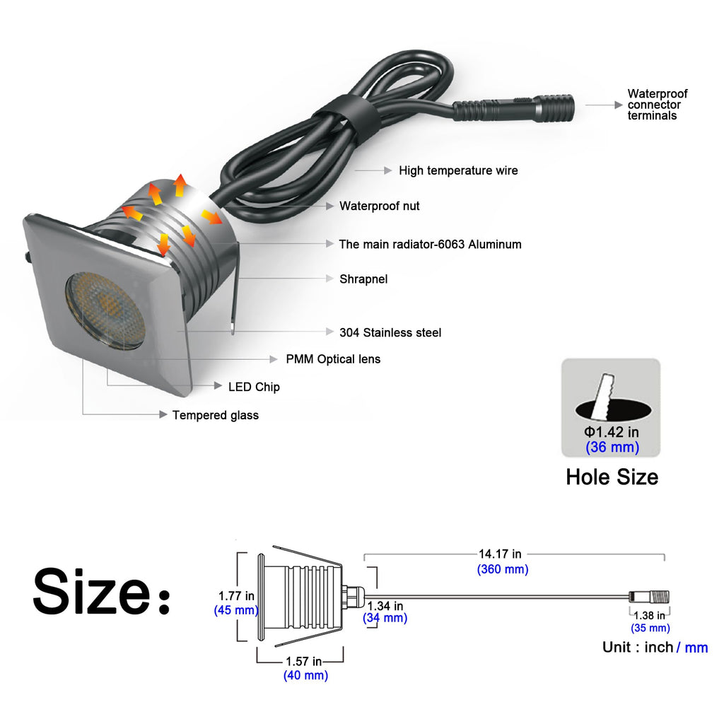 LED In-Ground Well Lights Square,3W, DC12V-24V Waterproof IP67,Aluminum&Stainless Steel,Buried Underground Outdoor