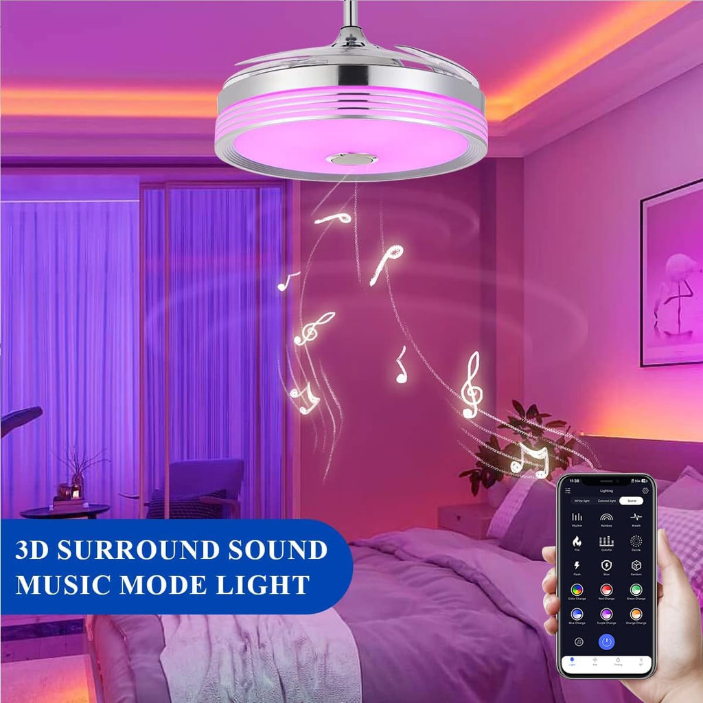 48 inch Modern Retractable Ceiling Fan with Lights and Remote Control, 6Speed Dimmable Fandelier, Smart Ceiling Fan