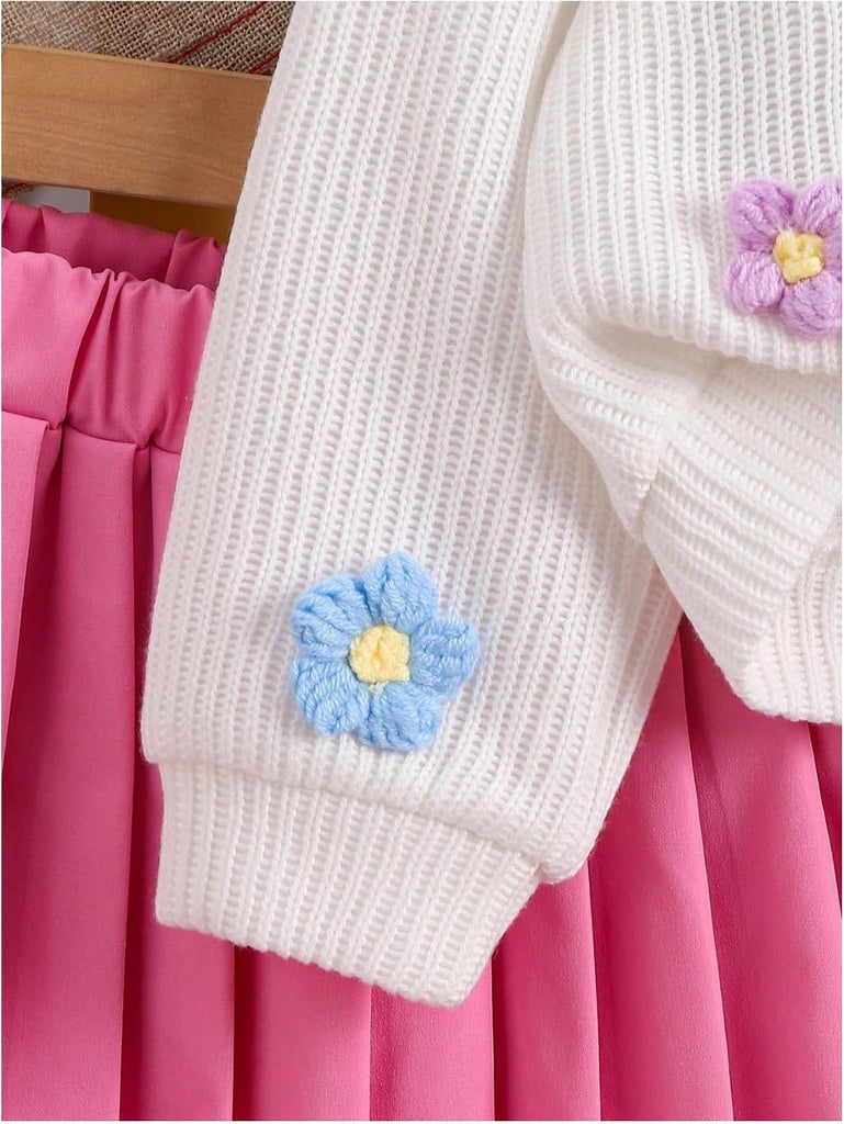 Toddler Girl's 2 Piece Outfits 3D Flower Button Down Cardigan and Pleated Aline Skirts Set