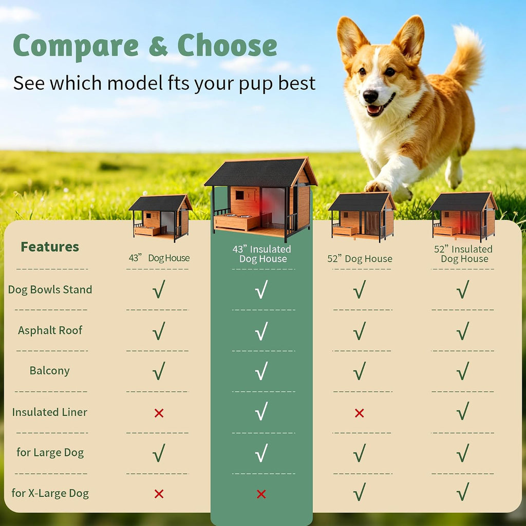 Large Dog House with Porch & Dog Bowls with Insulated Liner