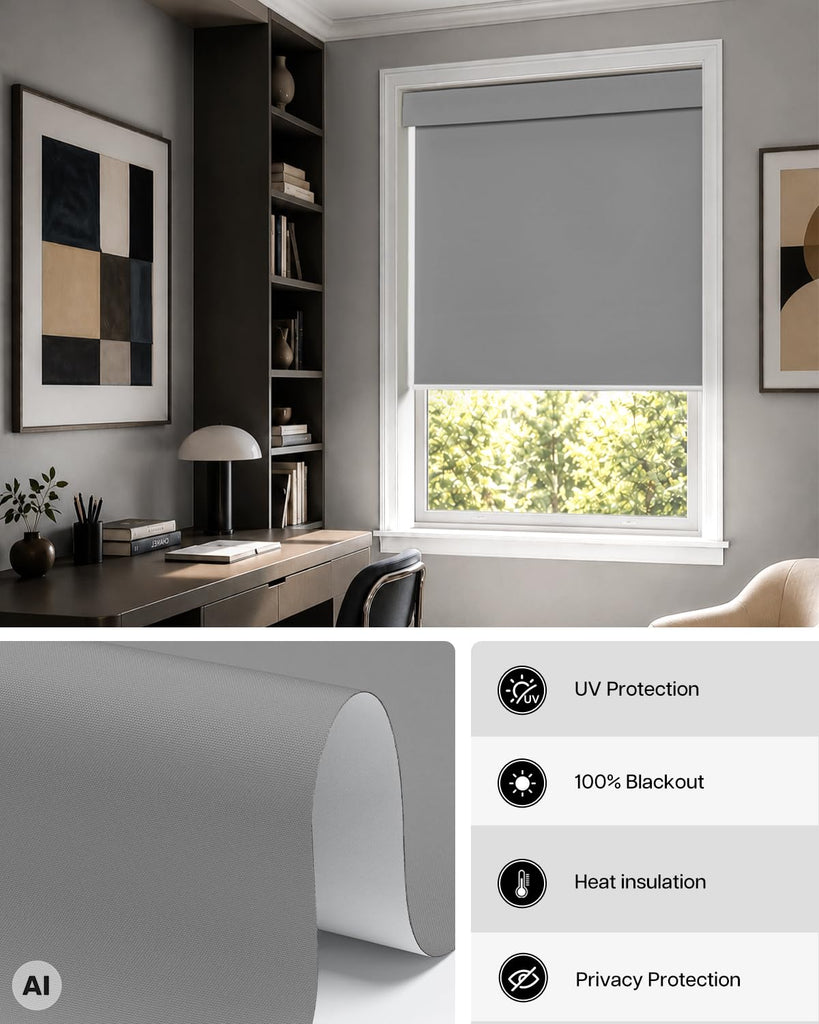 Motorized No Drill Blackout Roller Shades, Grey
