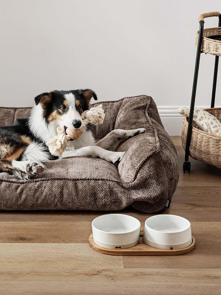 Ceramic Dog Bowl Set with Acacia Wood Tray, 3.2 Cup Food Bowl + 29 oz Water Bowl, Weighted Non-Slip Feeding Station