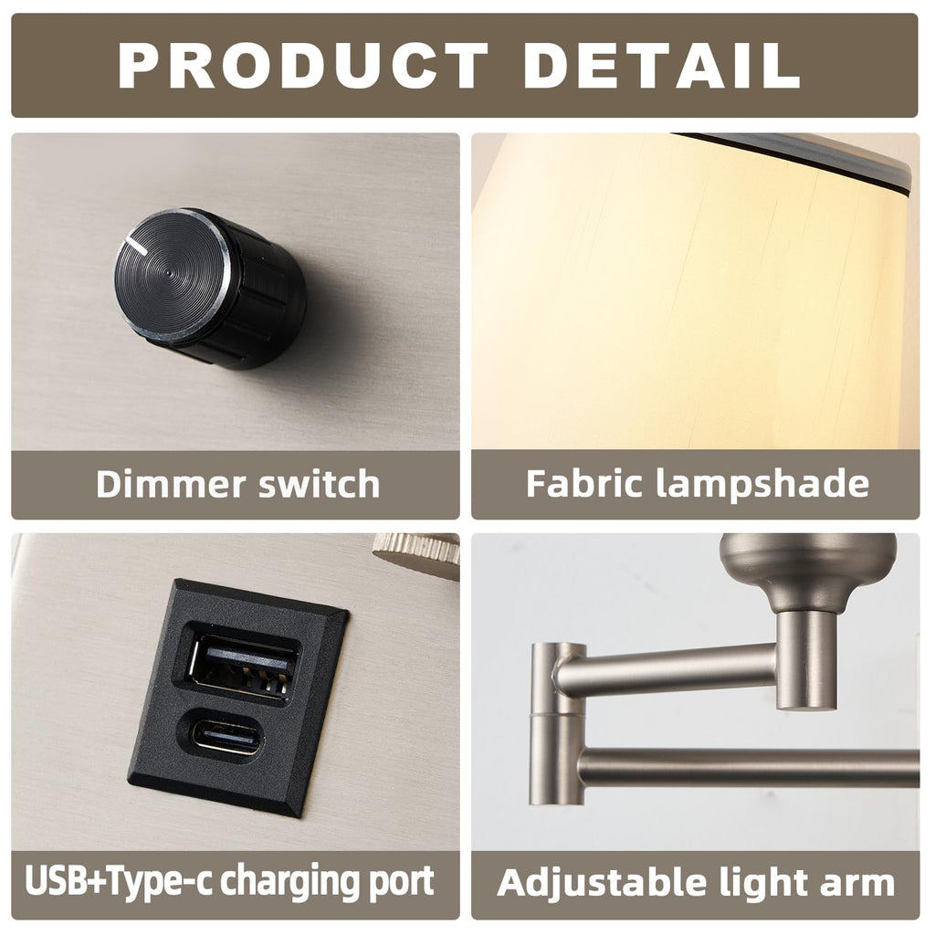 Plug-in Swing Arm Wall Sconce, Dimmable, Type-C & USB