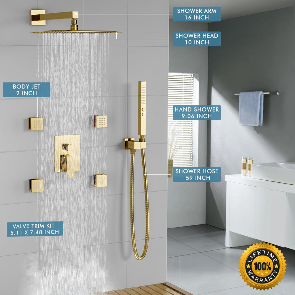 Shower System Brushed Gold Shower Faucets Sets, 10" Rain Shower Head with 2 In 1 Handheld Spray and 4 Body Jets, Wall