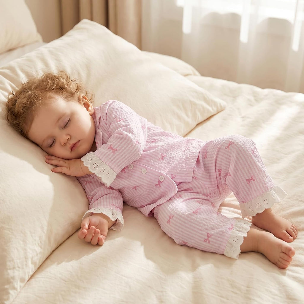 Toddler Baby Girl Pajamas Set Fall Winter Bow Long Sleeve Button Down Shirt Top and Pants 2Pcs Pjs Sets Sleepwear