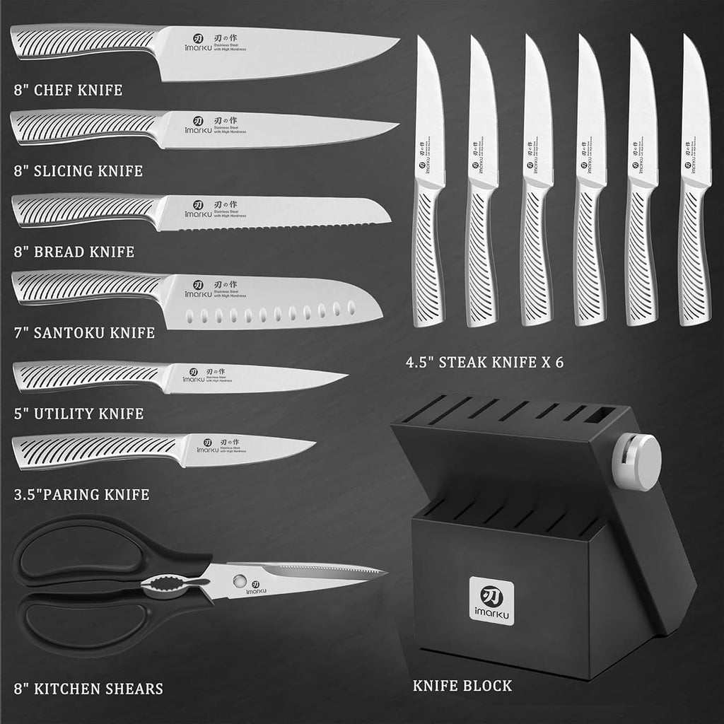 14 Pcs High-Carbon Stainless Steel Kitchen Knife Set Black | 56±2 HRC Hardness | Build-in Sharpener | Full Tang