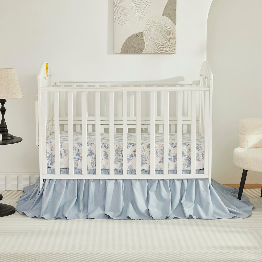 Boho Bohemian Girl Boy Baby Nursery Crib Bed Skirt Dust Ruffle - Neutral Solid Color Light Blue Farmhouse Chic 100%