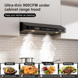 30 Inch Stainless Steel Under Cabinet Range Hood 900 CFM 4 Speed Voice, Gesture & Touch Control, LED Lights, Baffle Filters
