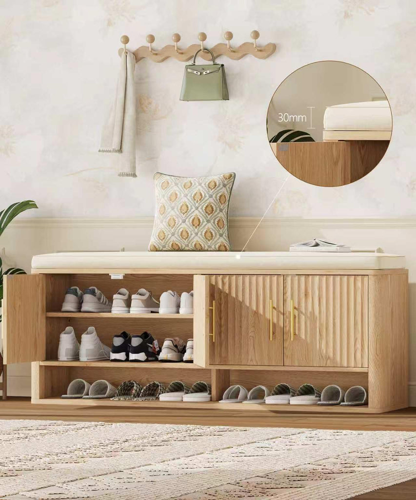 Fluted Shoe Storage Bench, Entryway Bench with Adjustable Shelves