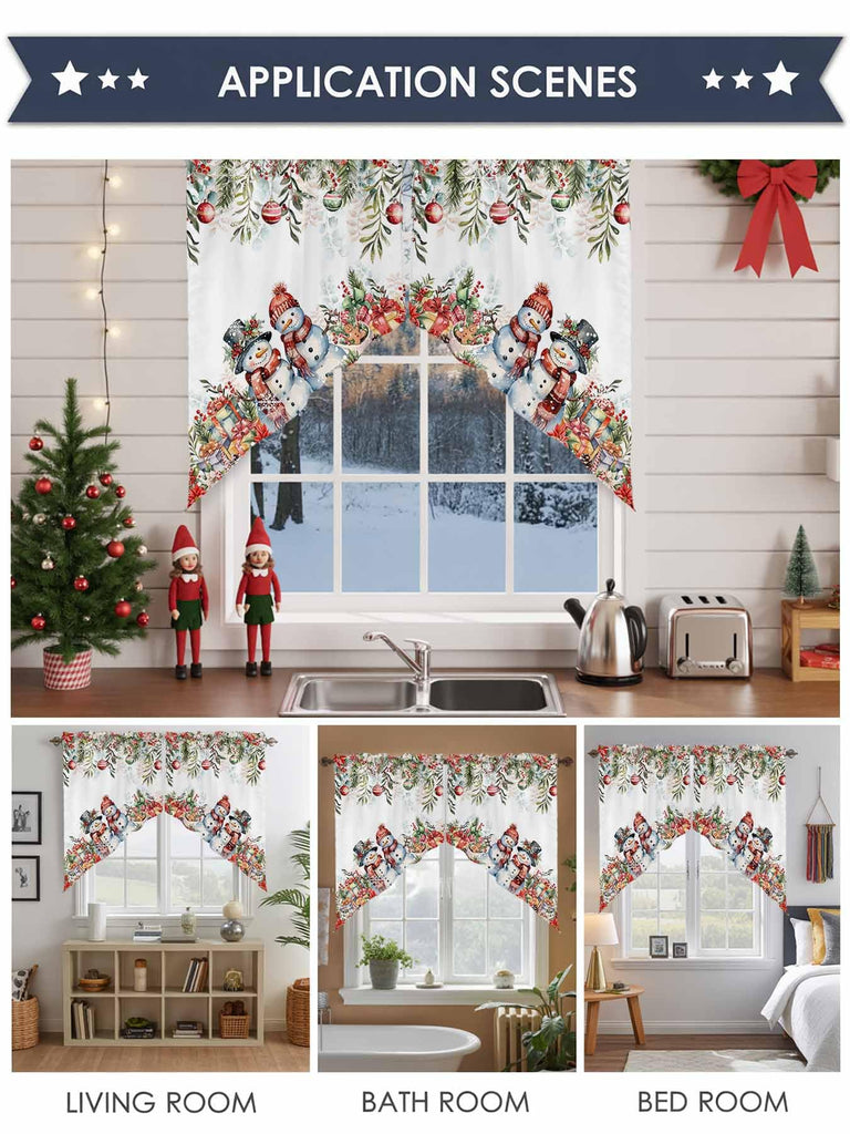 Christmas Red Eucalyptus Leaves Curtain Valance for Window, Farmhouse Swag Curtains, Cute Snowman Valance Bathroom