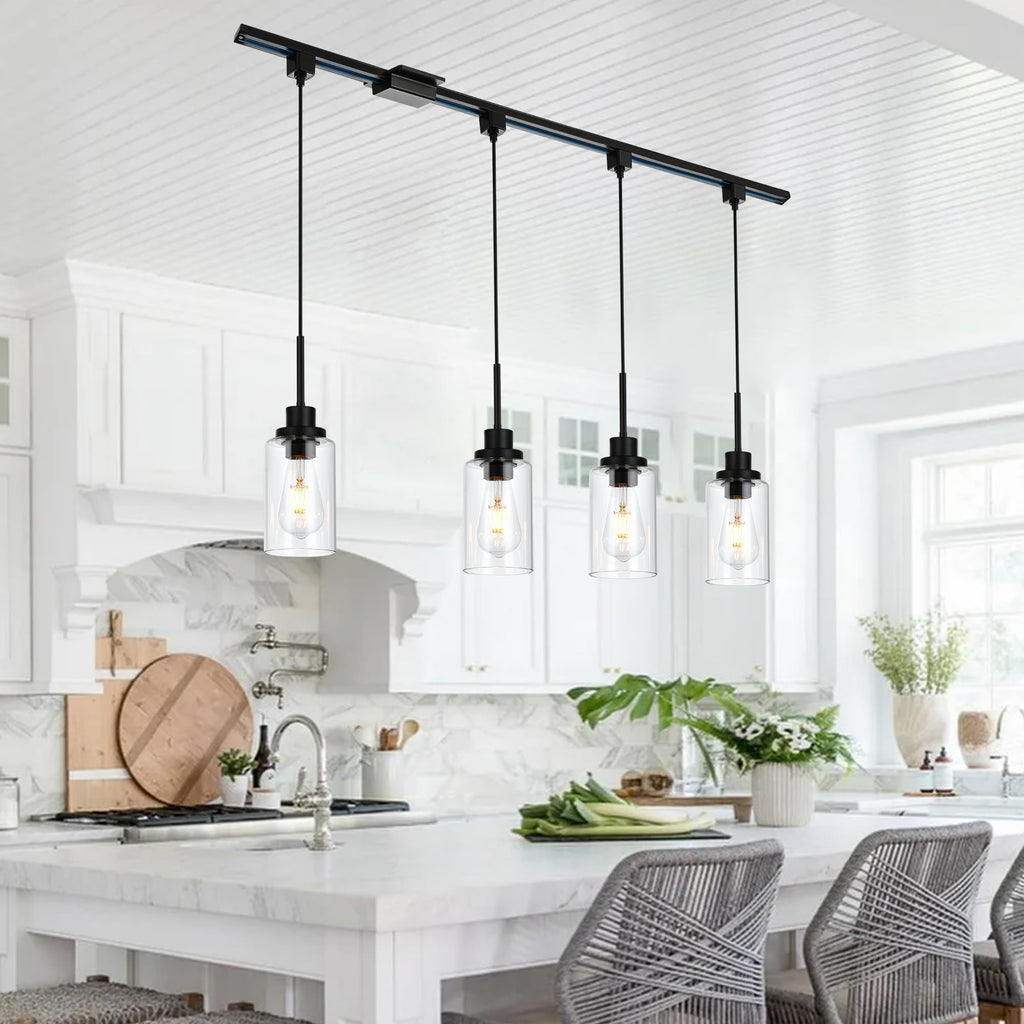 4 Pack H Type Track Pendant Lighting Black with Clear Glass Shades