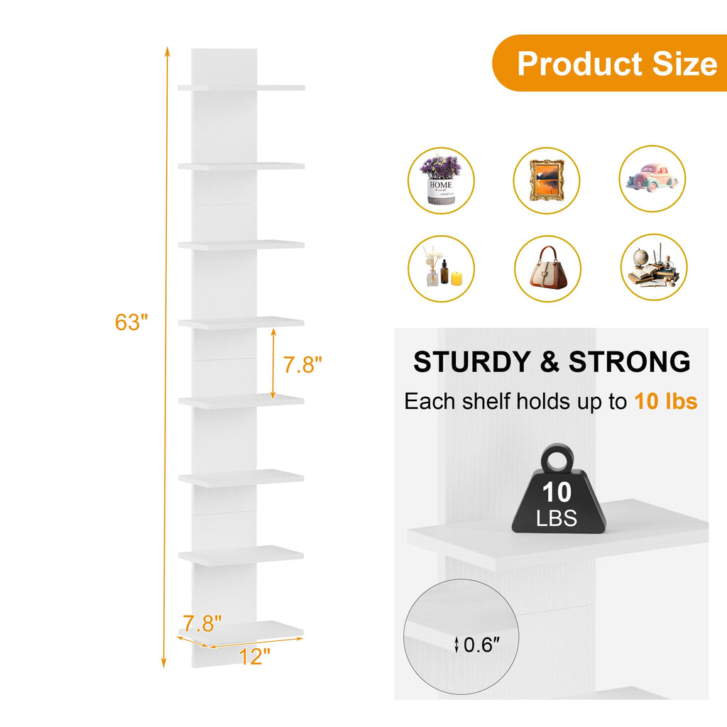 8 Tier Wall Shelf Unit, 63 Inch Floating Storage, 12 Inch Wide, White