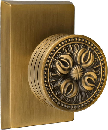 Antique Brass Vintage Floral Privacy Door Knob - Vintage Design Solid Brass Decorative Handle, Secure and Durable