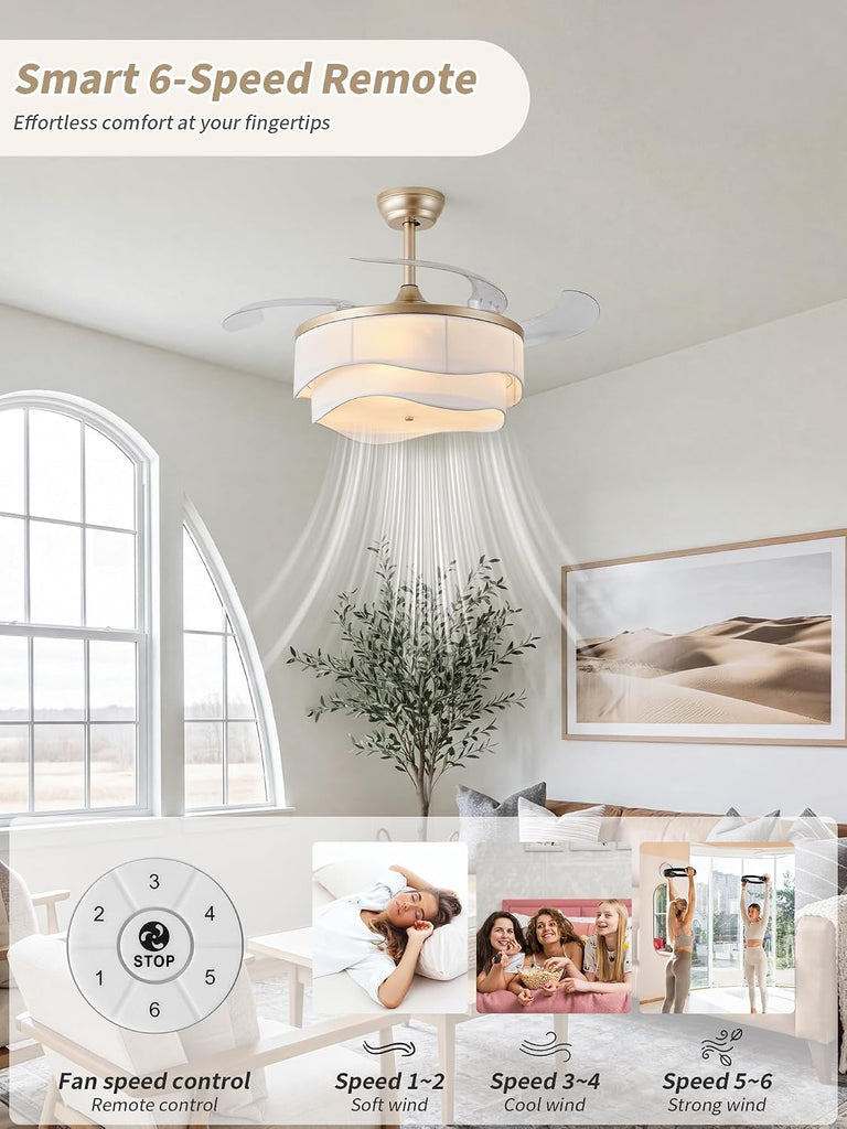 42" Gold Retractable Ceiling Fan with Light, Boho Fandelier Ceiling Fans Remote Control, Caged Chandelier with Fans