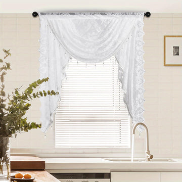 White Lace Waterfall Window Valance with Bead Tassels Floral Embroidered Valance Curtains Semi Sheer Rod Pocket