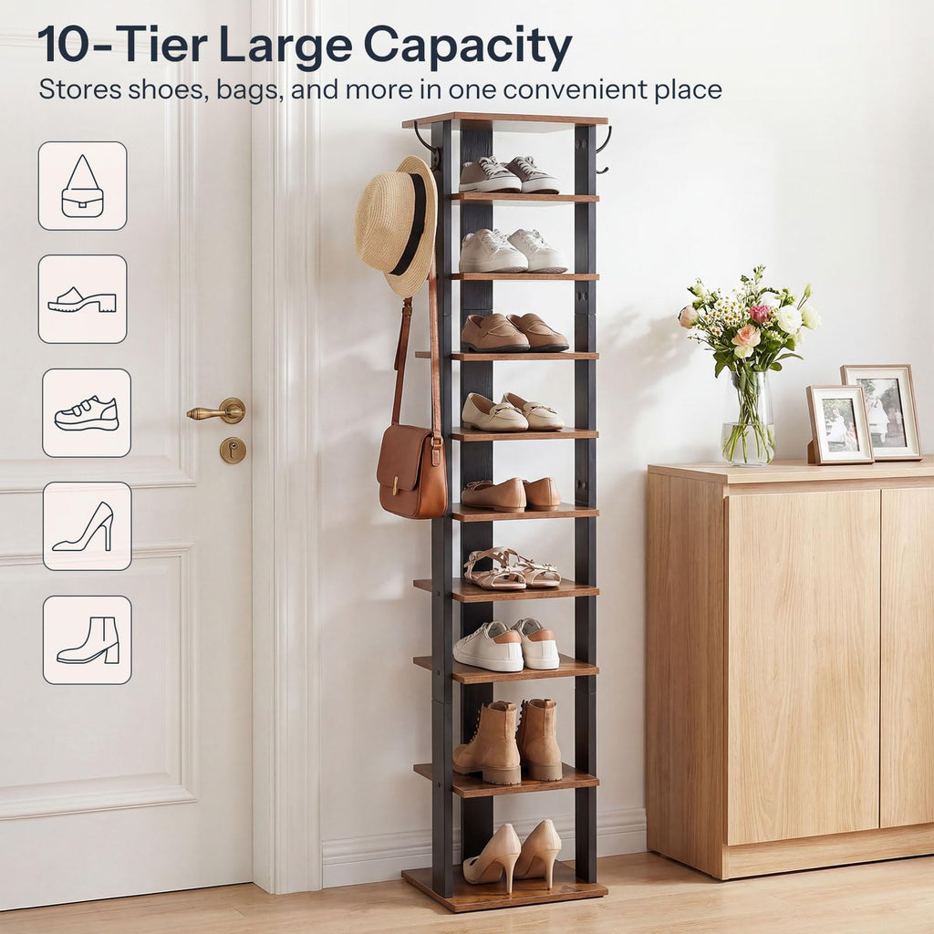 10 Tiers Vertical Shoe Rack, Wooden Shoe Storage Organizer with Hooks, Narrow Shoe Tower for 10 Pairs, Space Saving