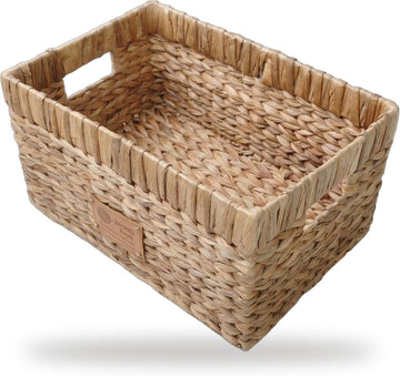 Handmade Water Hyacinth Wicker Storage Basket with Handles - Rectangle Organizer Bin for Shelves, Blanket, Bathroom