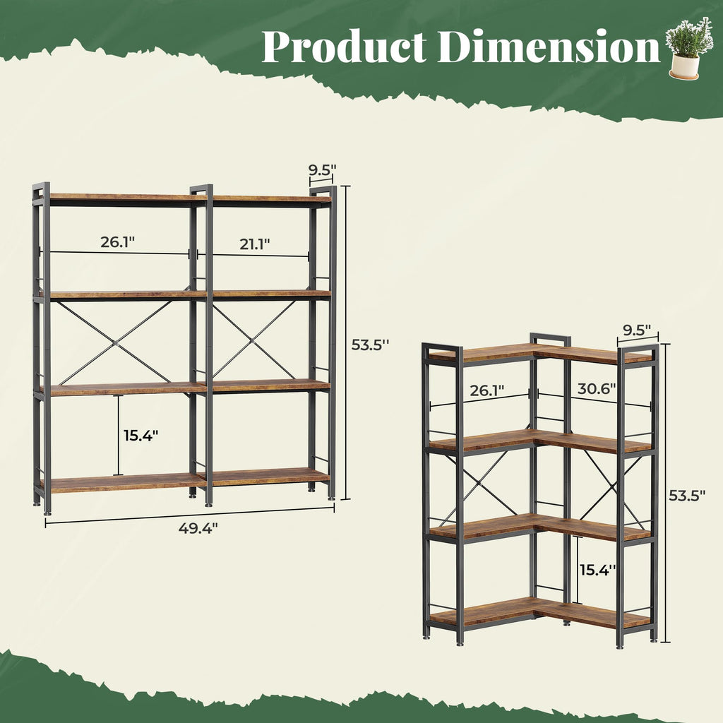 4 Tier Bookshelf, L Shaped Corner Bookshelf with 8 Open Shelves, 49.4 Inch Straight Wide Bookcase with Metal Frame