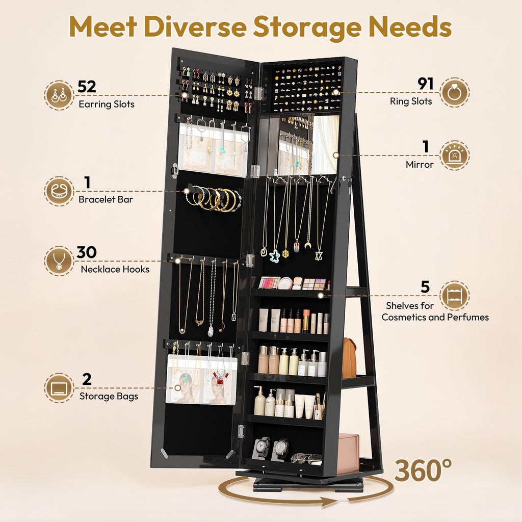 360° Rotating Jewelry Armoire with Full-Length Mirror and Interior Makeup Mirror, Lockable Standing Jewelry Cabinet