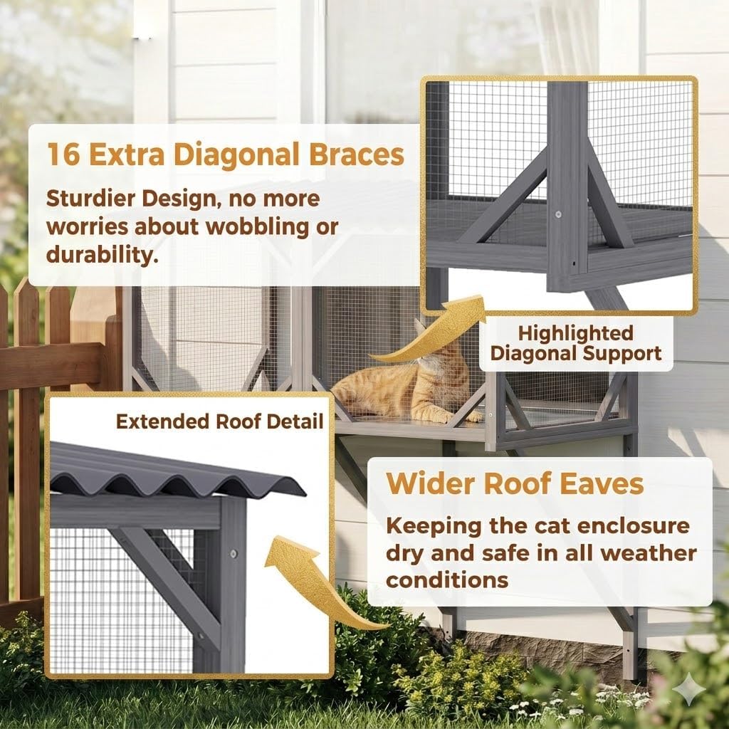 Cat Window Box, Outdoor Window Catio Enclosure for Indoor Cats, Weatherproof UV-Resistant Wooden Cat Window Perch