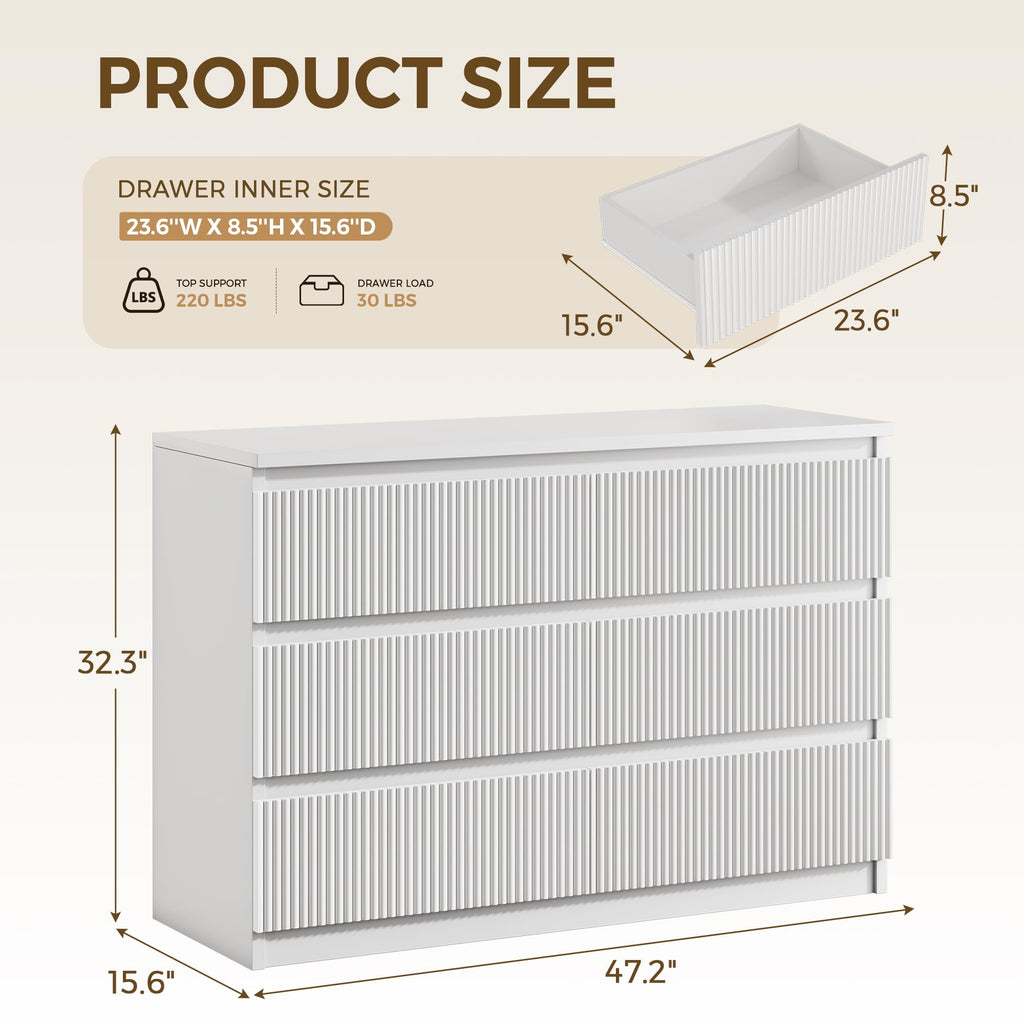 6 Drawer Fluted Dresser, Modern Chest of Drawers with Hidden Handles, Wood Storage Organizer Cabinet, White (15.7" D